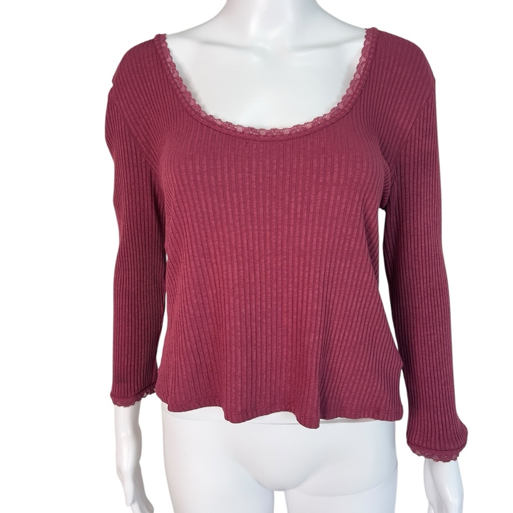 Rouje Ribbed Long Sleeve Top - Deep Pink Lace Trim Size 42